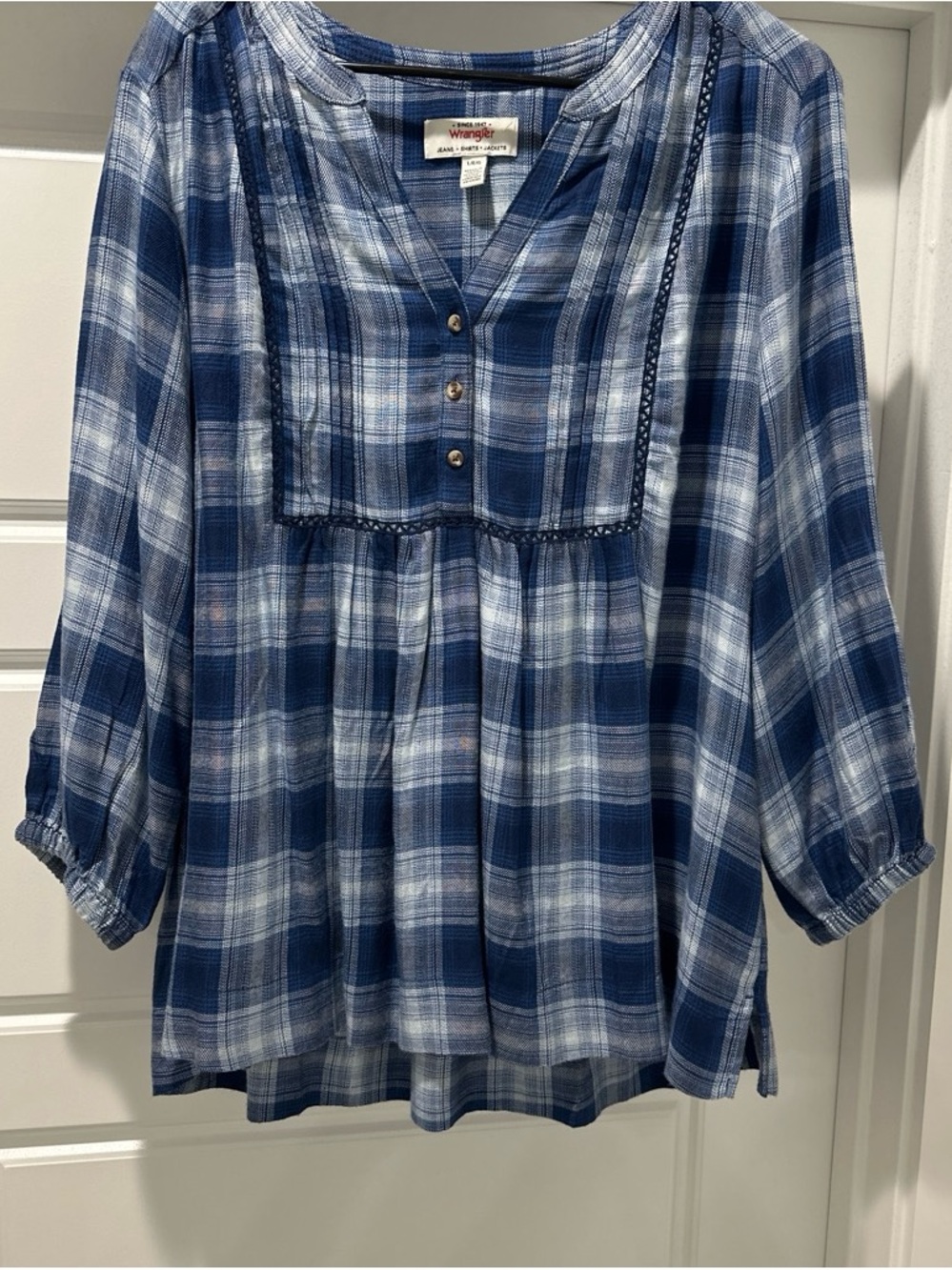 Wrangler Blue Plaid Peasant Blouse